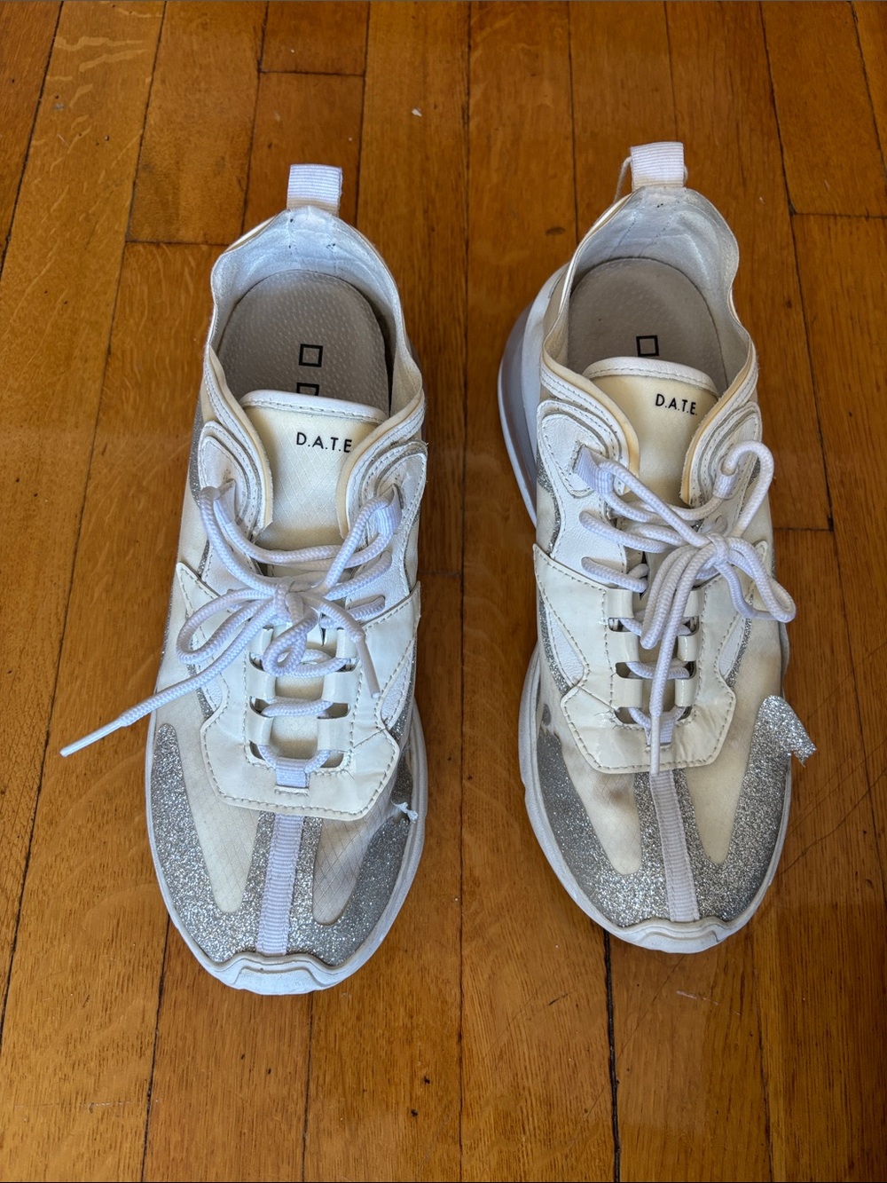 White Lace-Up Sneakers with Silver Glitter Accents